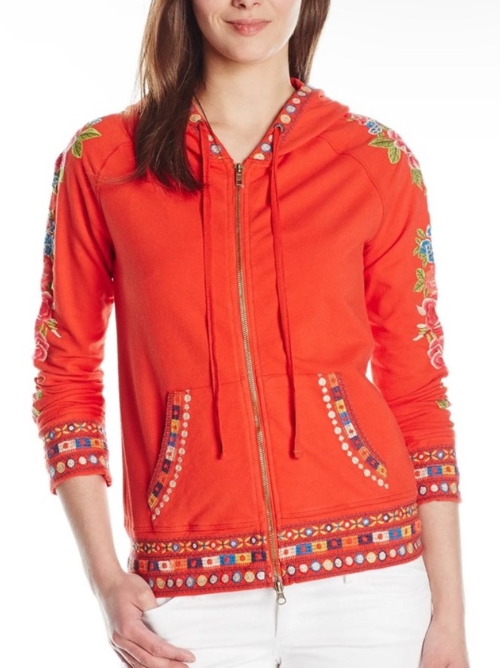 Johnny Was Petite XS Rina Full Zip Hoodie Red Boho Floral Embroidered Colorful - Picture 3 of 10